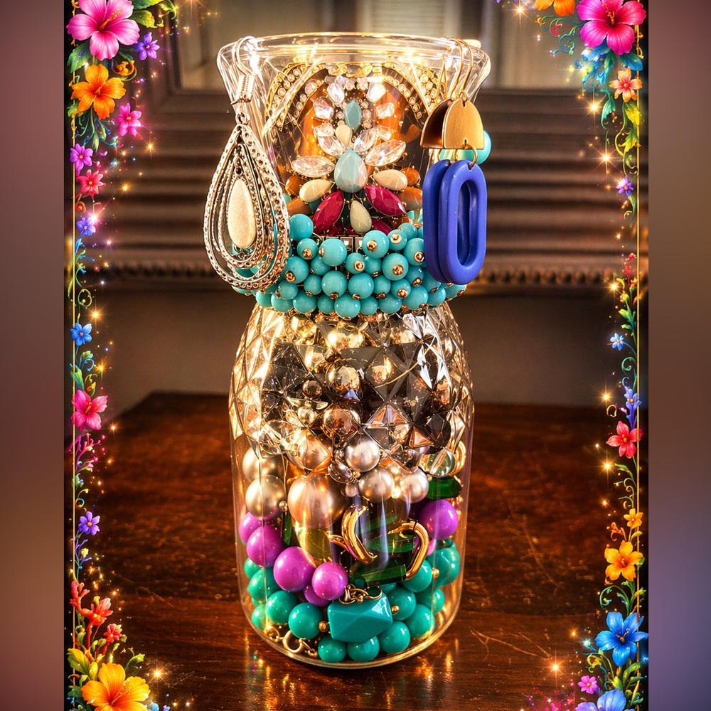 Large-Bead, Colorful Jewelry Jar - Turquoise, Silver, Black & Purple